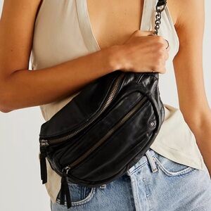 Free People Black Leather Chain strap Crossbody Belt Bag